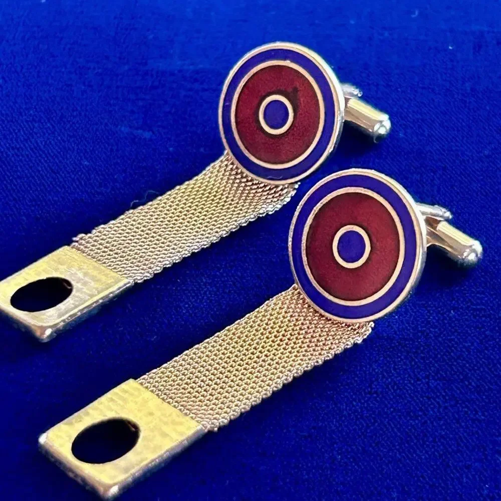 Vintage Blue and Red Bullseye Gold Tone Mesh Wrap Around Cufflinks